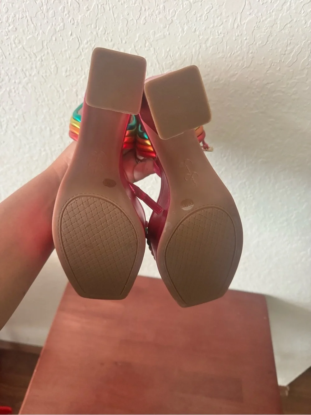 Jessica Simpson Pink Satin Platform Sandals with Rainbow Straps